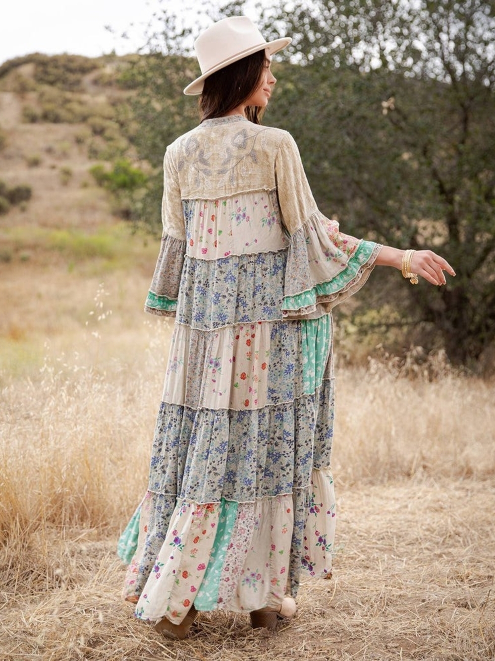Bohemian Sage Patchwork Tiered Maxi Dress - Picture 2 of 3